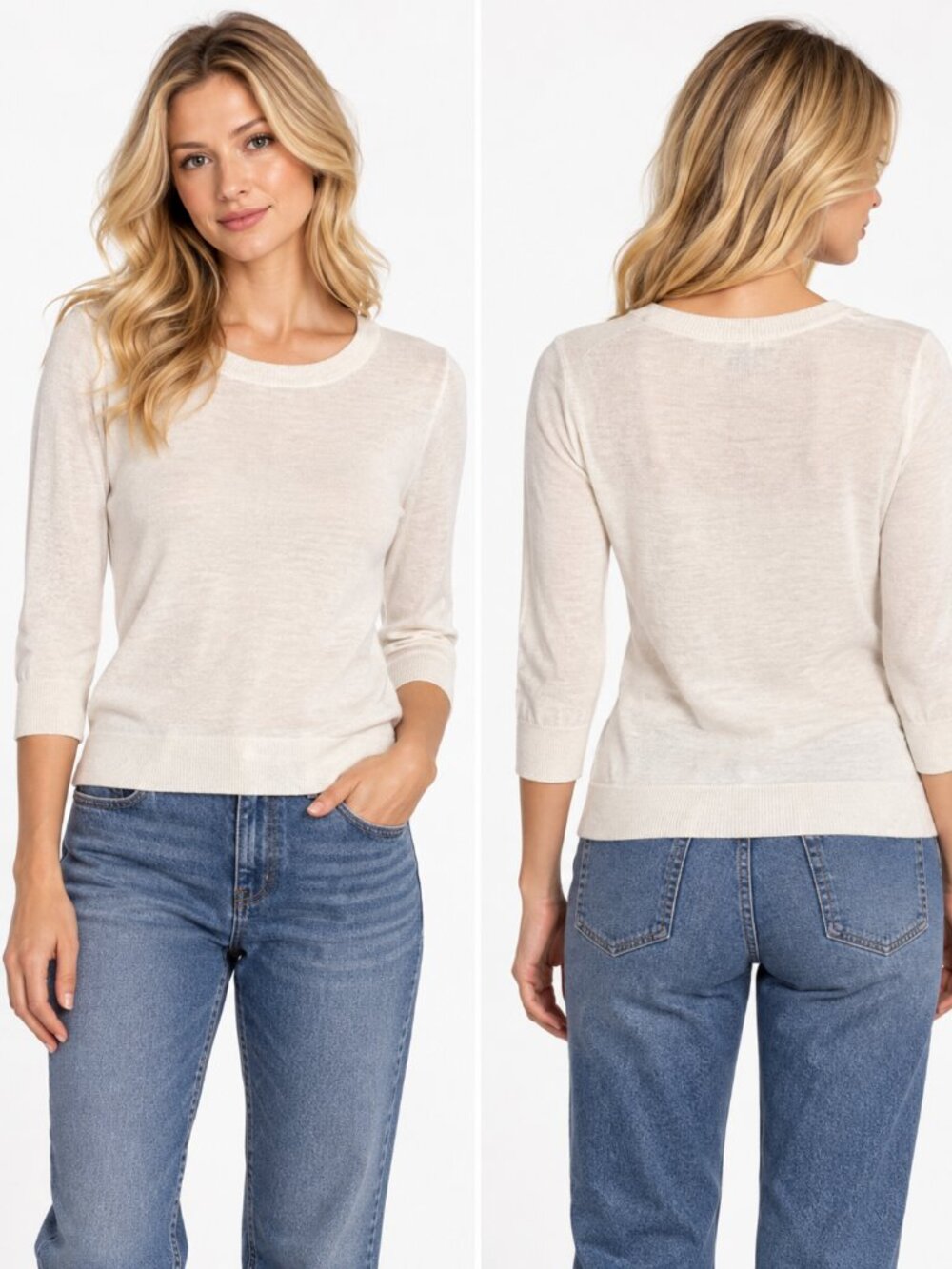 Banana Republic Ramie Rayon Fine Knit 3/4 Sleeve Sweater Women White Size S